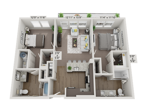Floor plan for 2 beds, 2 baths, 993 sqft